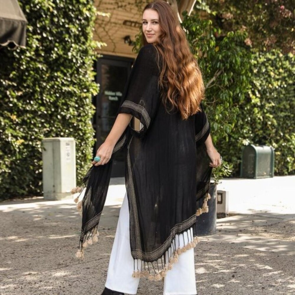Bohemian Longline Tassel Border Kimono - Black